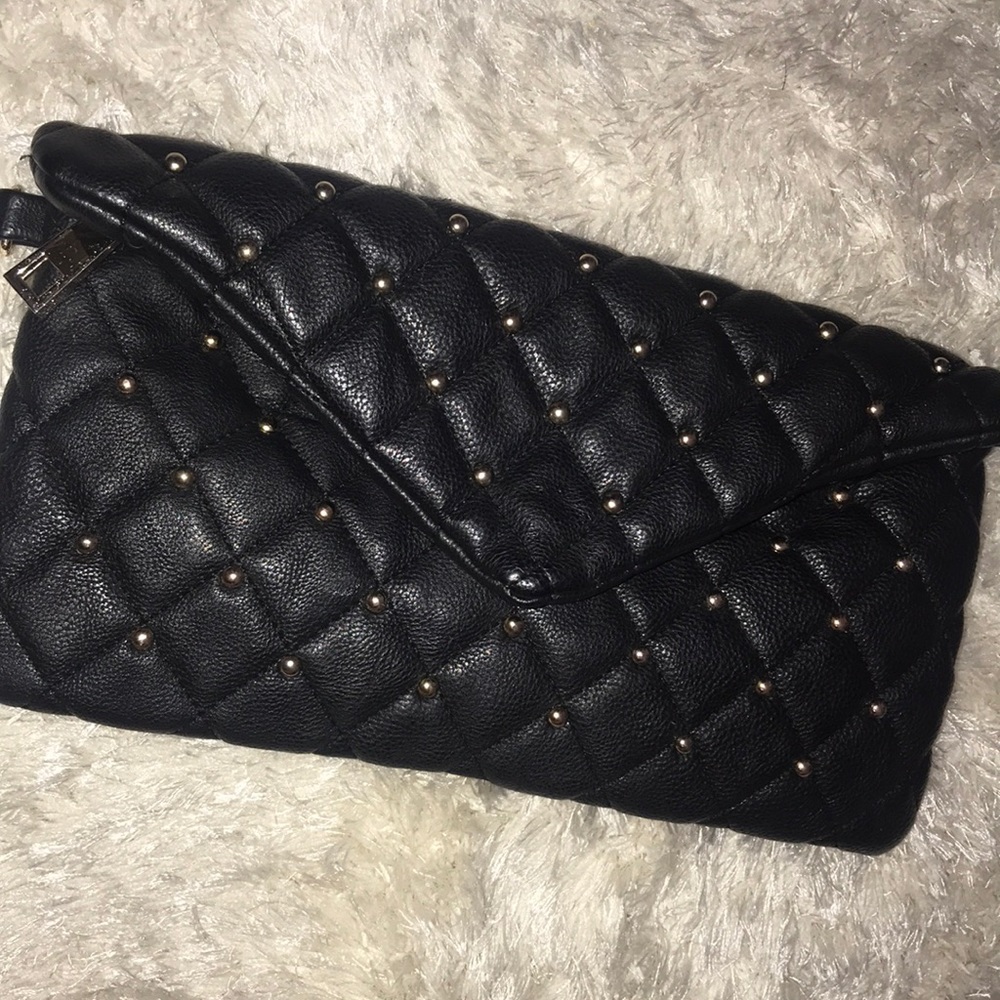 Black leather Clutch with Gold Studs